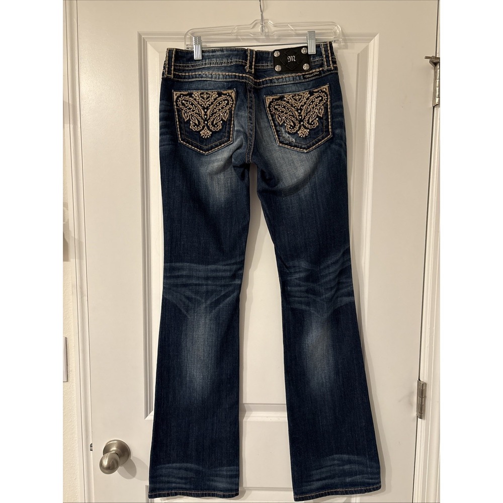 Miss Me Women's Distressed Embellished Rhinestone Blue Bootcut Jeans Size 28